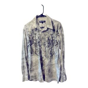 PETROL Grey rhinestone Cotton MEN’S Large LONG SLEEVE Western Shirt. Pearl snaps